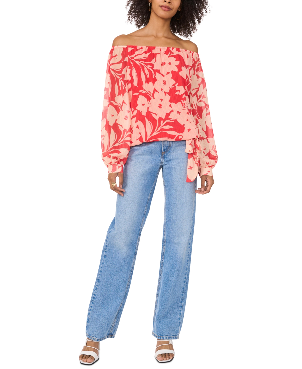 Vince Camuto Floral Off The Shoulder Tie Hem Top In Cayenne