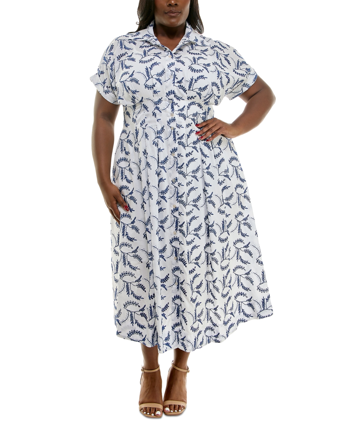 Plus Size Floral-Embroidered Button-Front Dress - Ivory Blue
