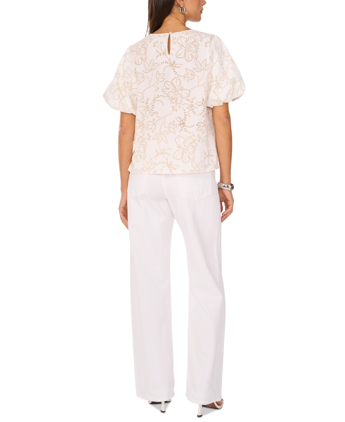 Vince Camuto Floral Eyelet Puff Sleeve Cotton Top In Ultra White