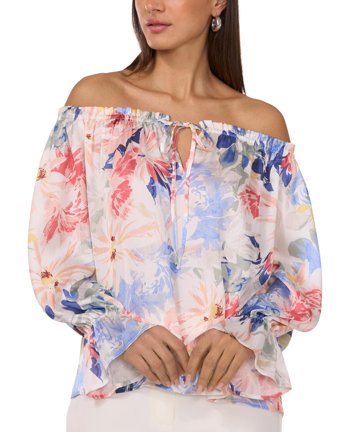 Women's Floral-Print Off-The-Shoulder Top - Ultra White