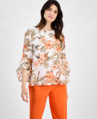 Kasper - Women's Floral Boat-Neck Ruffle-Sleeve Blouse