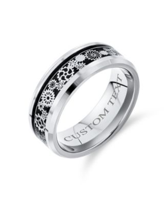 Steampunk Gear Wheel Silver Black Plated Titanium Ring Band Carbon Fiber Inlay Beveled Edges Comfort Fit