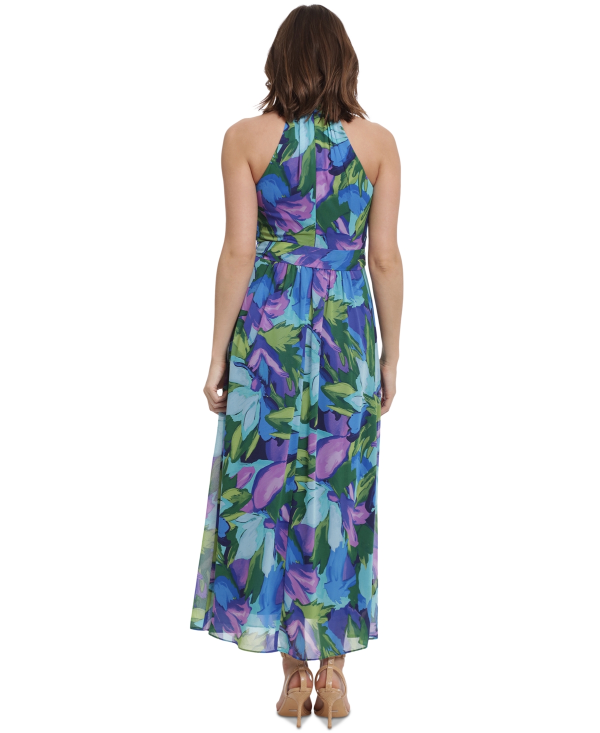 London Times Floral Print Halter Neck Maxi Dress In Aqua Royal In Multi