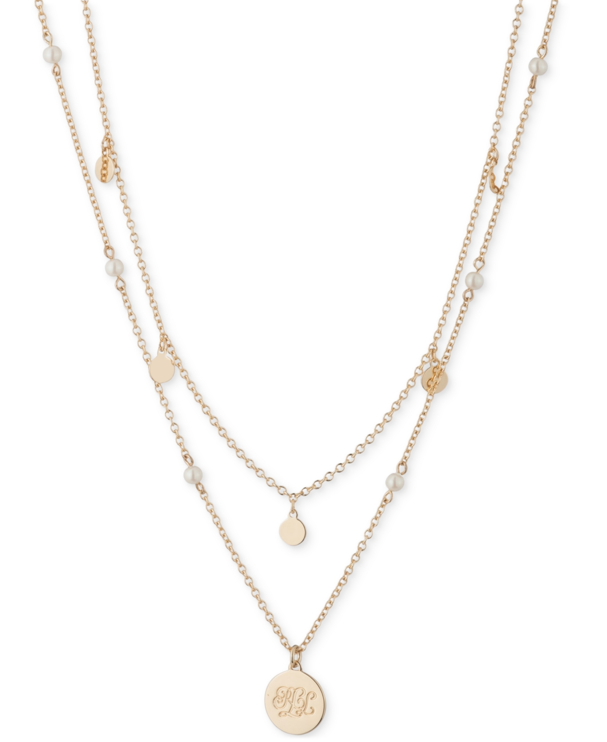 Ralph Lauren Gold-tone White Imitation Pearl & Logo Pendant Two-row Pendant Necklace, 18" + 3" Extender In Black
