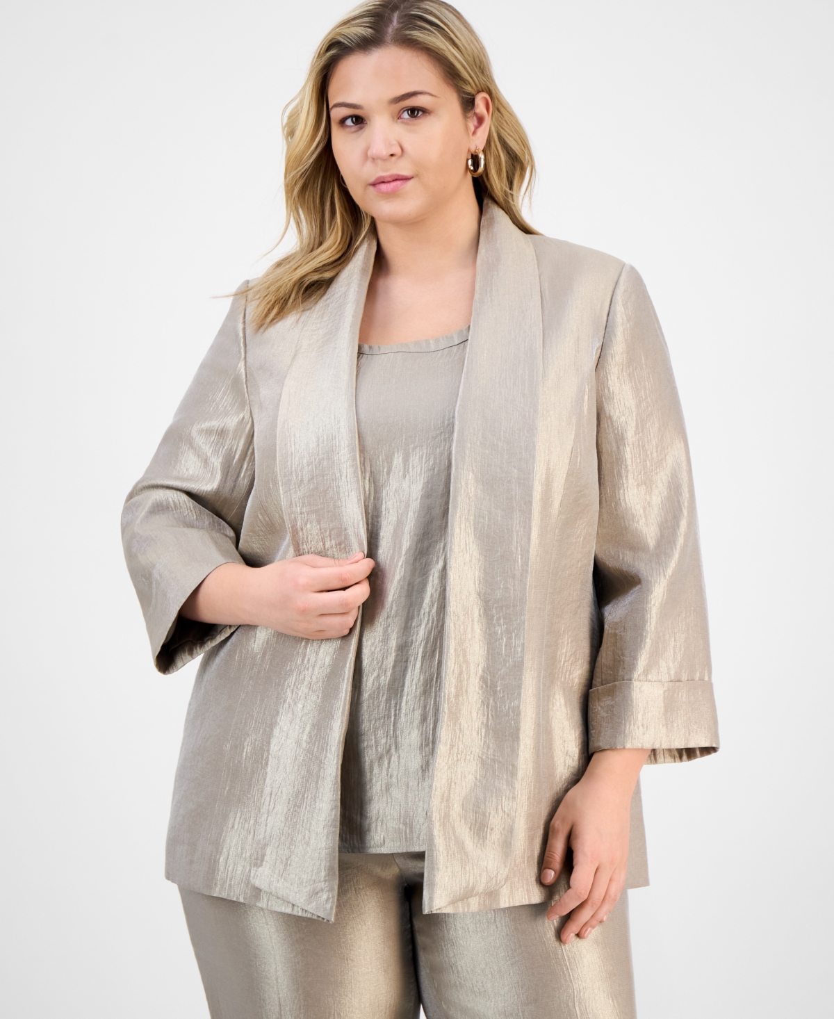 Plus Size Drape-Neck Open-Front Cuffed-Sleeve Blazer - Hazelwood