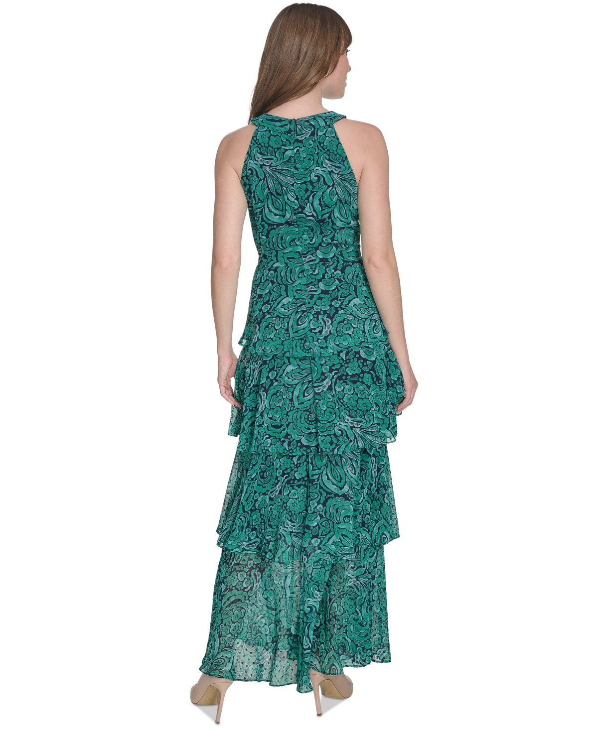 Tommy Hilfiger Women's Floral-print Halter-neck Tiered Sleeveless Dress In Parakeet Multi