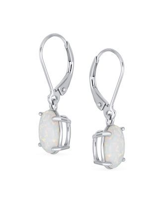 Classic White Created Opal Oval Solitaire Dangle Lever back Earrings .925 Sterling Silver