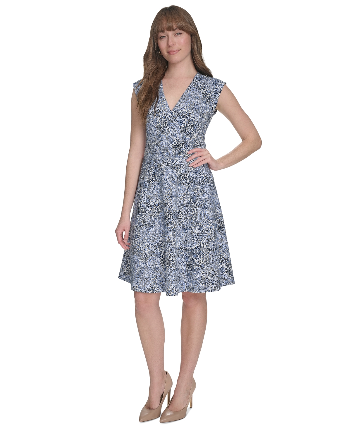 Women's Paisley-Print Cap-Sleeve V-Neck Hopsack Dress - Ivory/French Blue