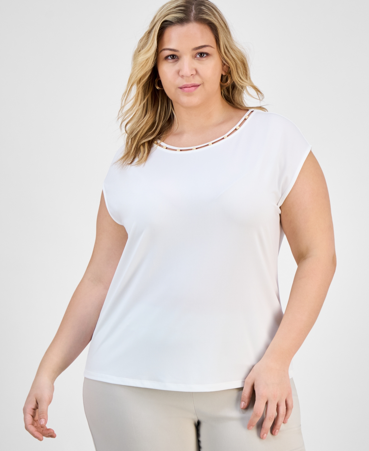 Plus Size Beaded-Neck Cap-Sleeve Knit Top - Vanilla Ice