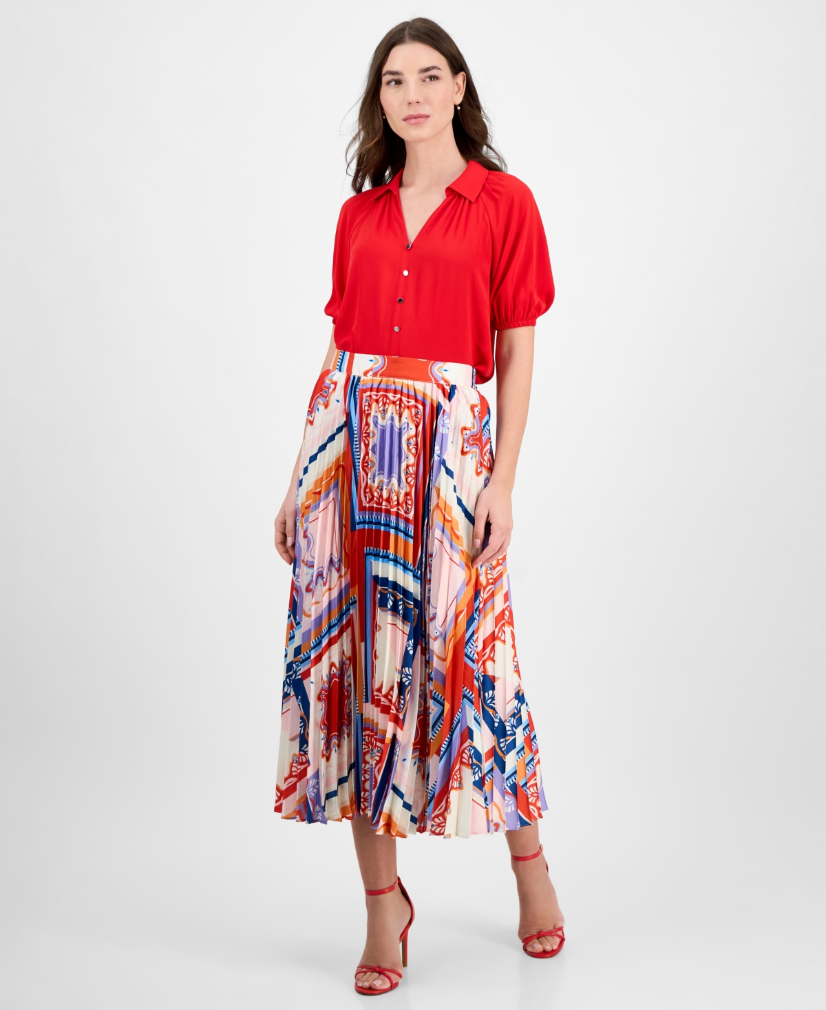 Women's Printed Pleated Pull-On Midi Skirt - Como Tile Print