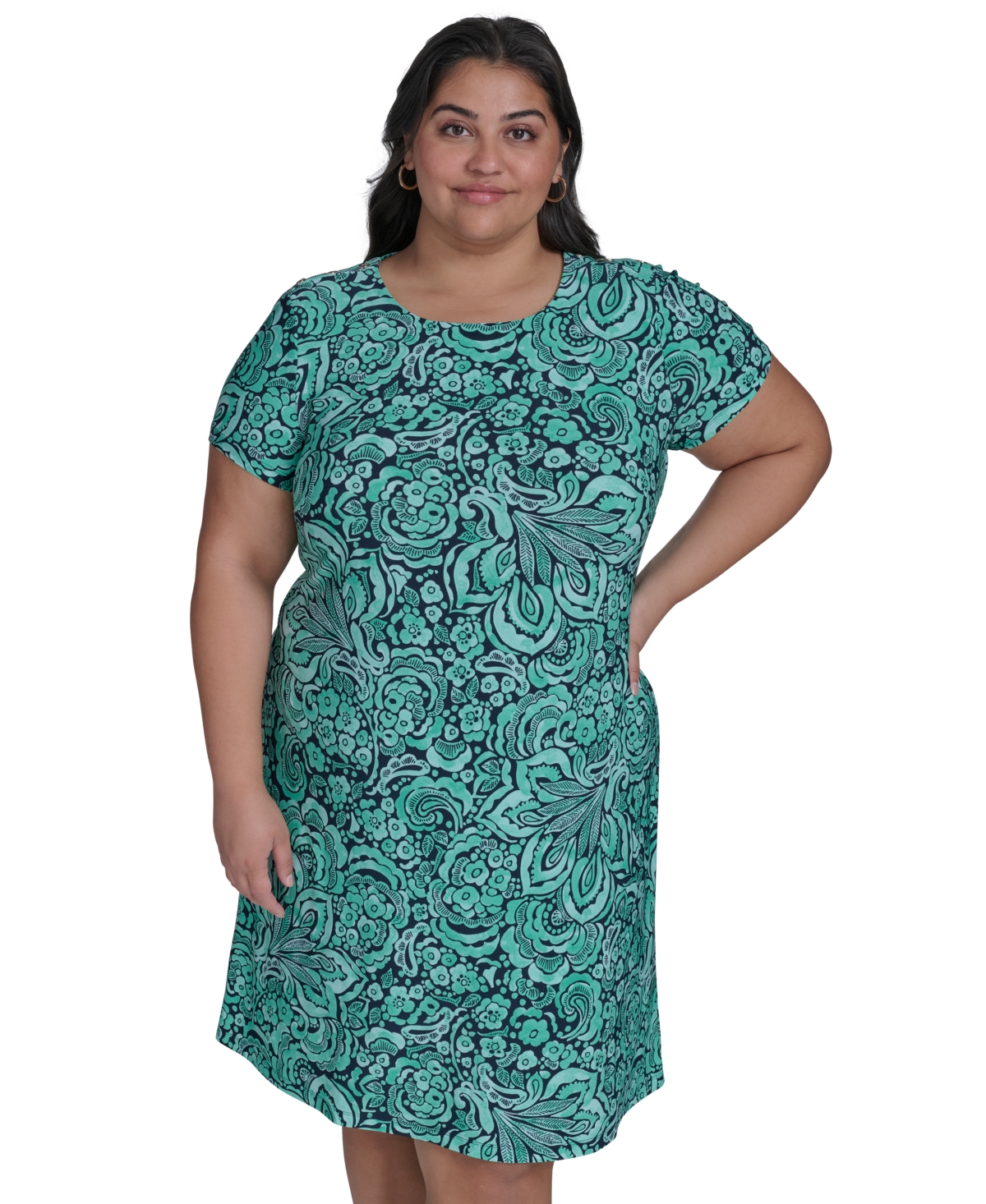 TOMMY HILFIGER PLUS SIZE TIDAL FLOWER SHORT-SLEEVE DRESS 