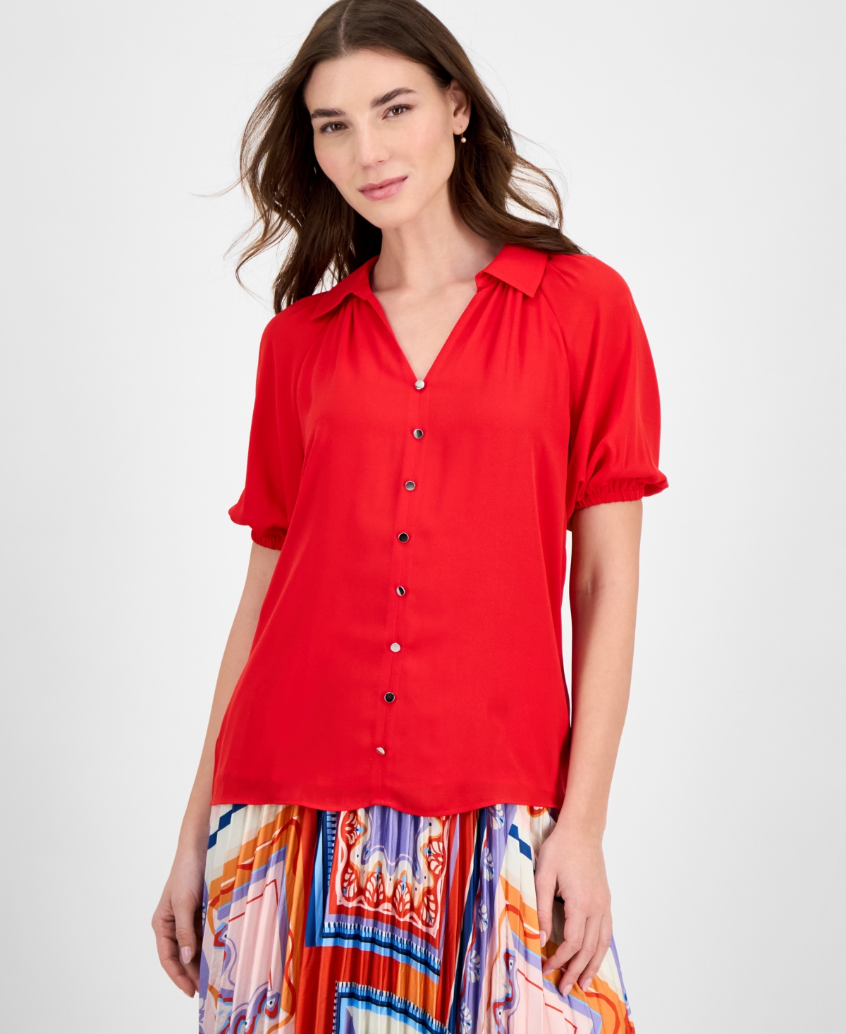 Women's Solid-Color Georgette Split-Neck Blouse - Apple Red