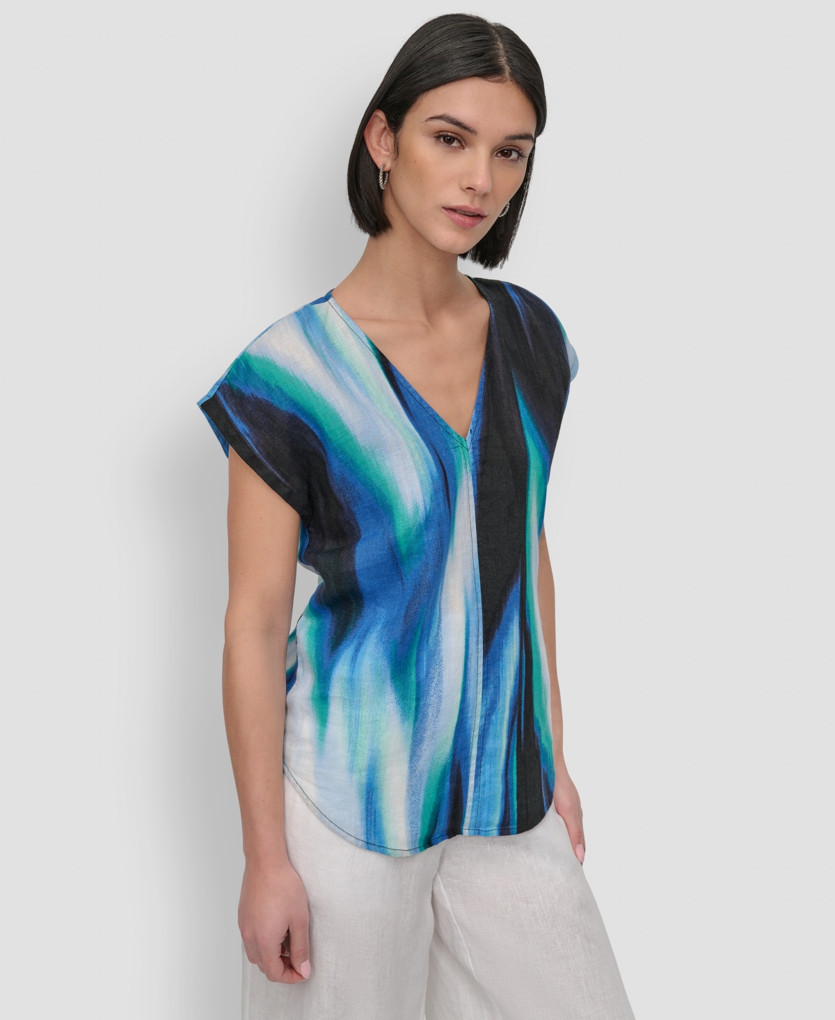 Dkny V-neck Linen Top In Caribbean Multi