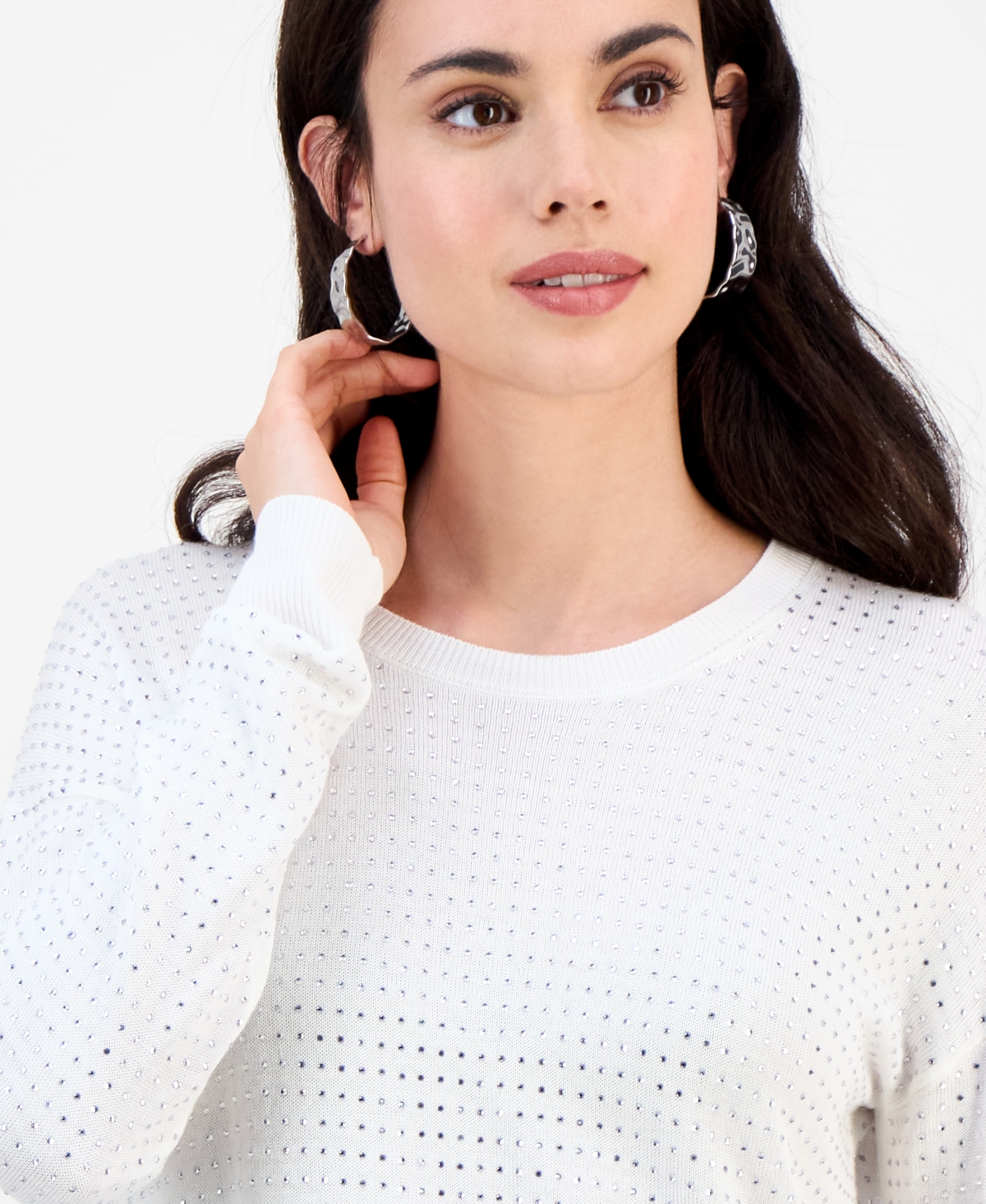INC INTERNATIONAL CONCEPTS PETITE POINTELLE CREWNECK SWEATER, EXCLUSIVELY AT MACY'S 