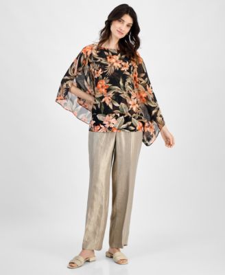 Women's Floral 3/4-Sleeve Poncho Blouse
