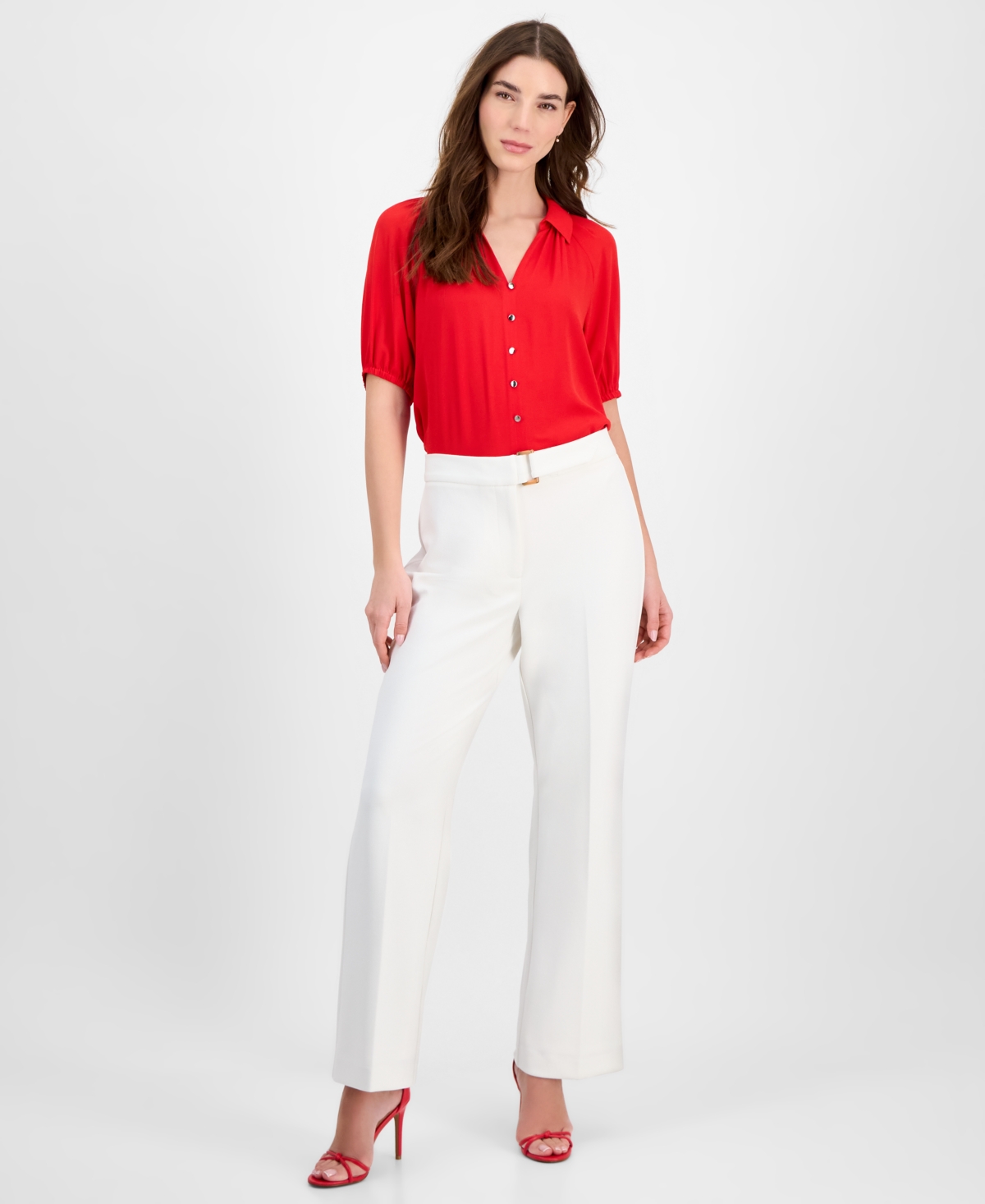 Women's Solid-Color Twill Crepe Wide-Leg Pants - White Star