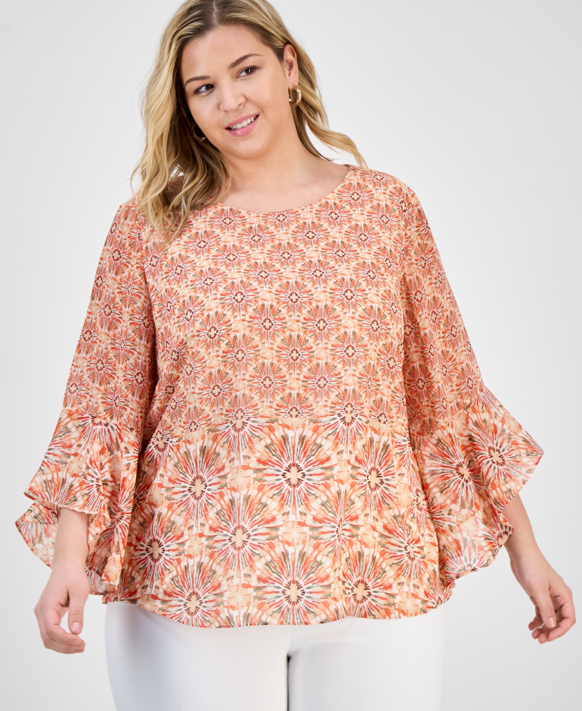 Plus Size Printed Flared-Sleeve Blouse - Vanilla Ice Multi