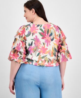 Plus Size Printed V-Neck Bubble Blouse