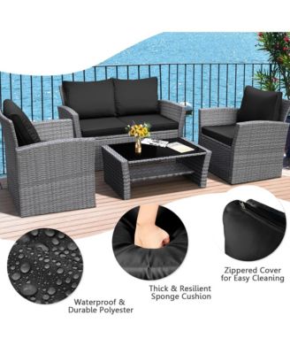 4 Piece Outdoor Furniture Set Patio Rattan Conversation Set w/ Cushions