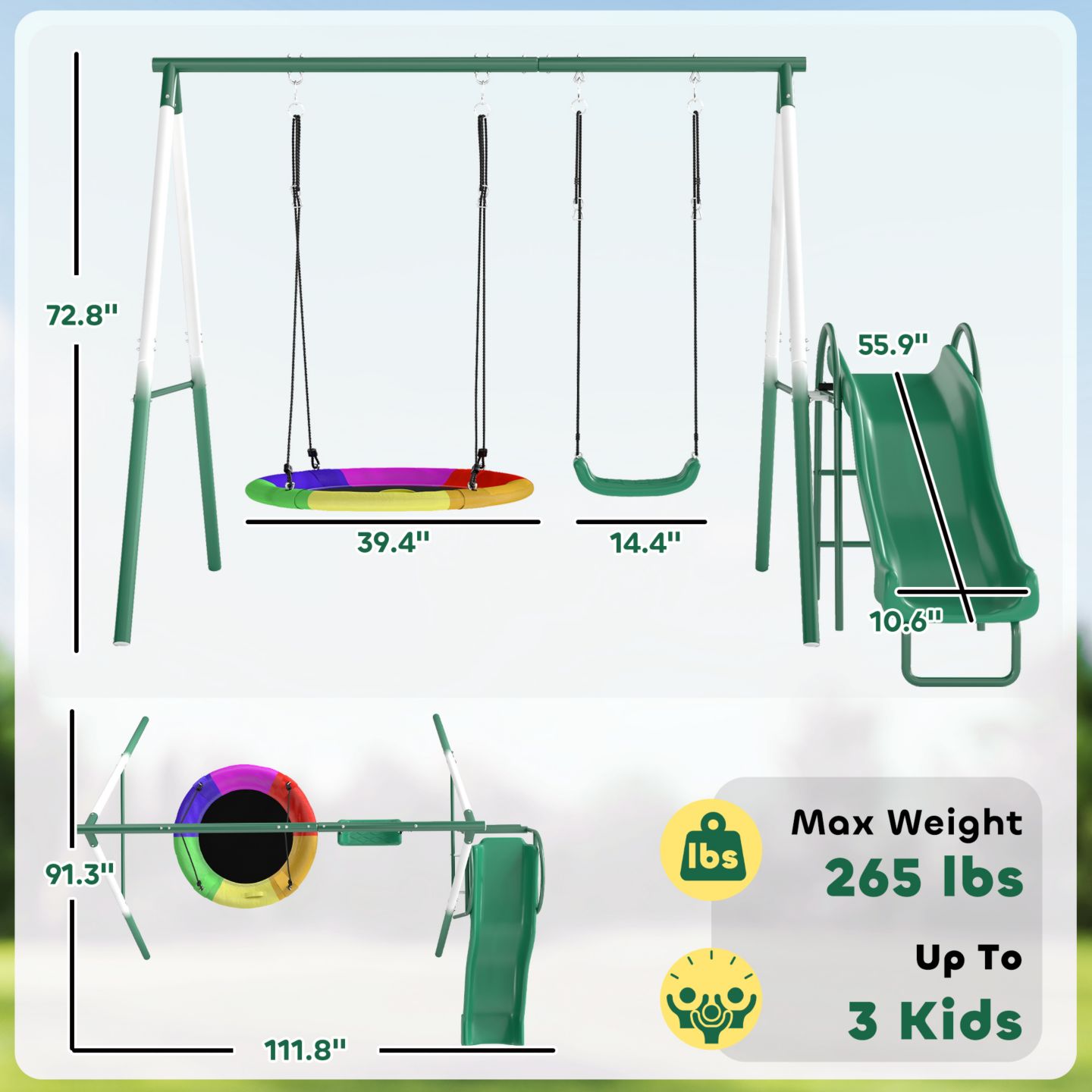 Детские игрушки Qaba Metal Swing Set with Slide, Heavy Duty Swing Set, цвет: Тёмный зелёный — фото 3