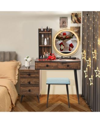 Vanity Table Set with 3-Color Lighted Mirror and Cushioned Stool