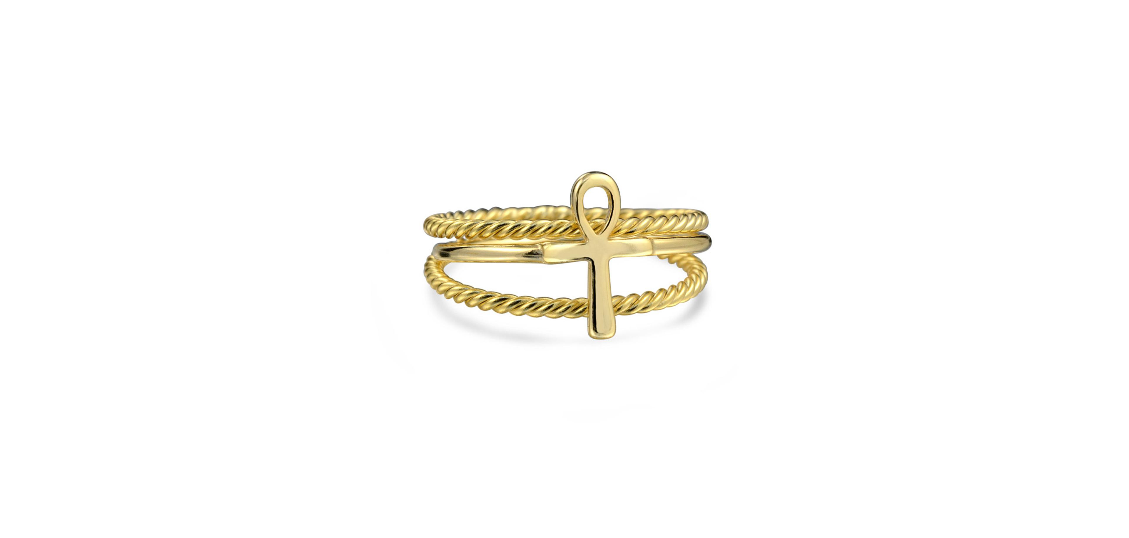 Bling Jewelry Religious Stackable Minimalist 14K Gold Plated .925 Sterling Silver Egyptian Ankh Cross Ring Set 1MM Enhancer Cable Band
