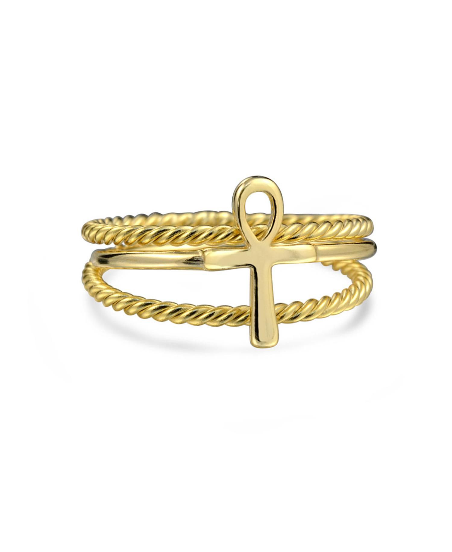 Religious Egyptian Ankh Cross Ring Band Set Gold Plated 925 Sterling Silver