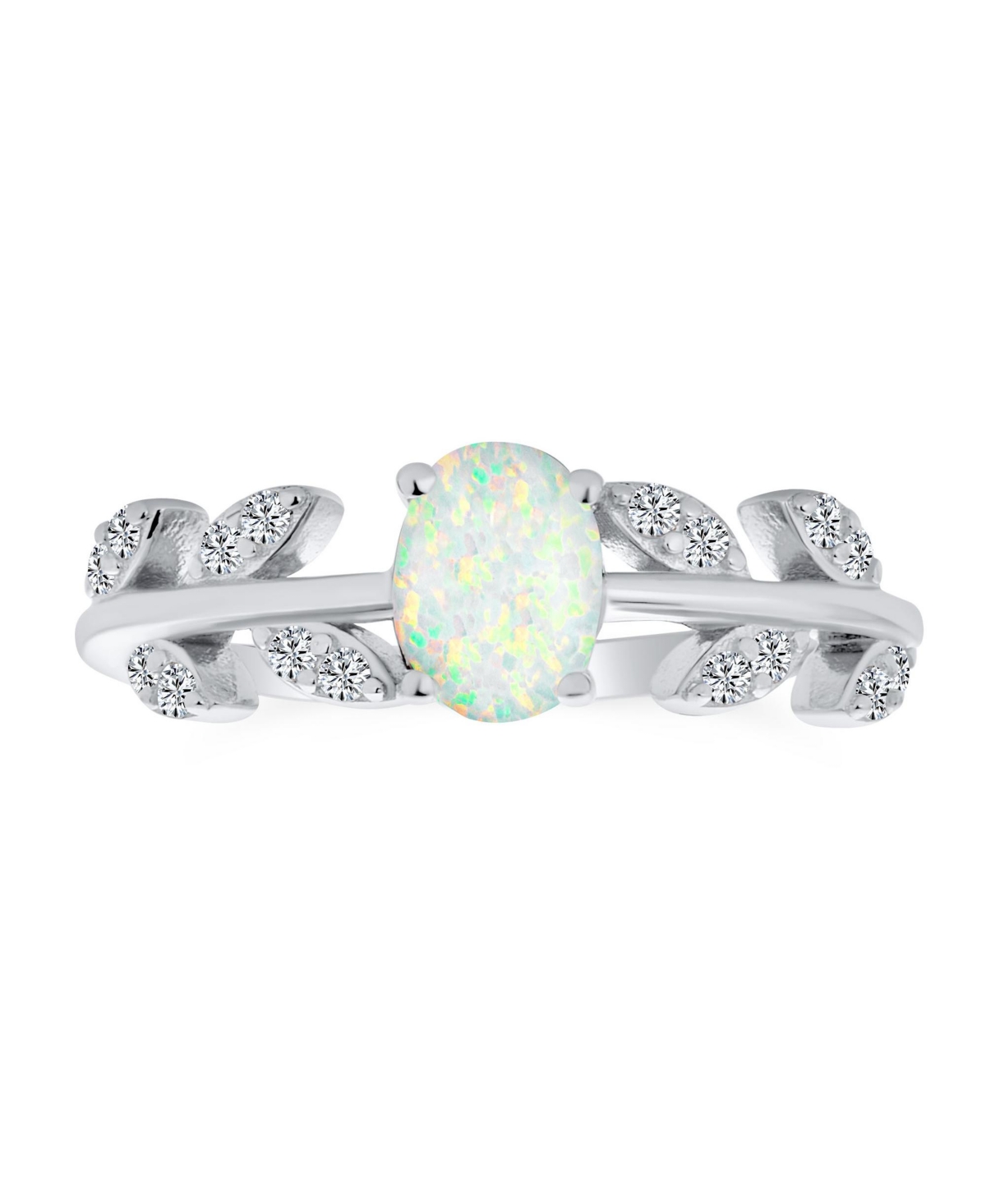 Bling Jewelry Dainty Oval White Created Opal Center Cubic Zirconia Open Leaves Leaf Cz Accent Ring .925 Sterling Silver