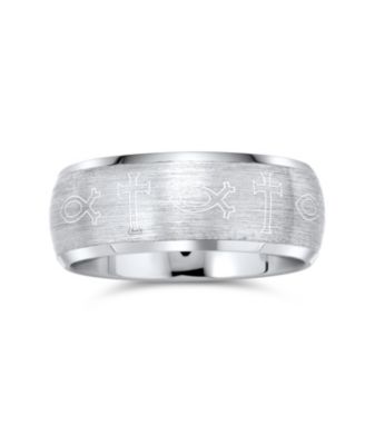 Religious Ichthys Jesus Fish Catholic Cross Couples Titanium Band Rings Matte Silver Tone