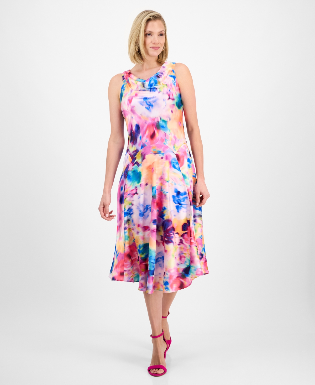 Women's Floral-Print Cowlneck Fit & Flare Midi Dress - Multi