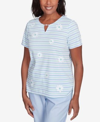 Alfred Dunner Women's St. Thomas Embroidered Daisy Striped Keyhole Neck T-Shirt