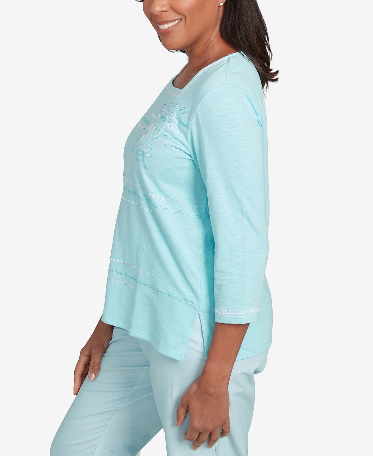 Alfred Dunner Plus Size St. Thomas Asymmetrical Dragonfly Embroidery Top In Blue
