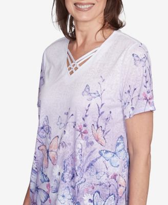 Women's Crystal Springs Crisscross Ombre Butterfly V-Neck T-Shirt