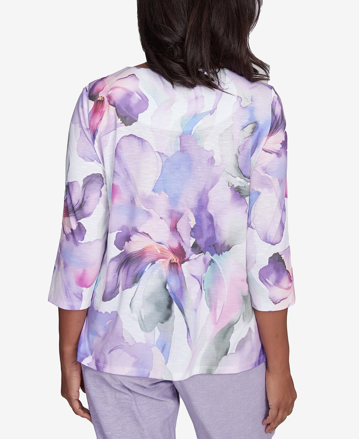Alfred Dunner Petite Crystal Springs Dramatic Flower Top In Lilac Multi