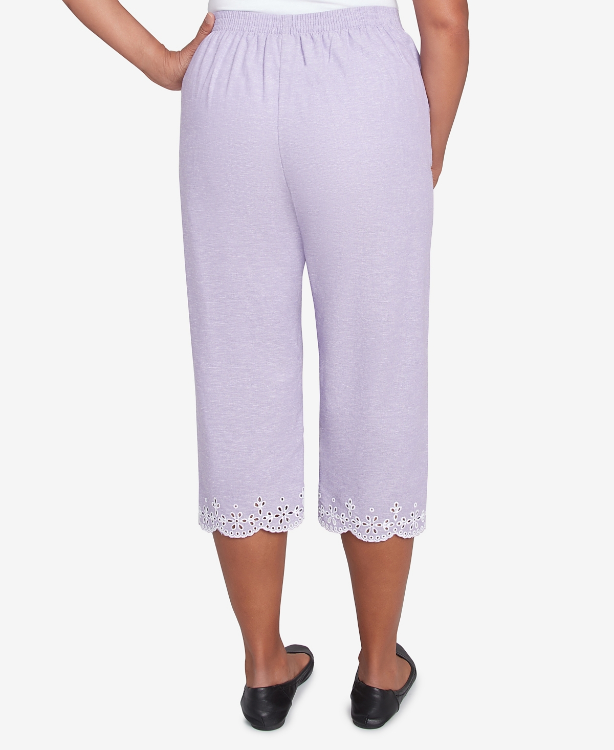 Alfred Dunner Petite Crystal Springs Eyelet Embroidered Capri Pants In Purple