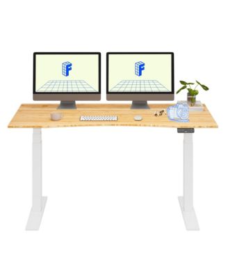 E7-COMMERCIAL 60  W Electric Adjustable Standing Desk, Curved Bamboo Top, White Frame