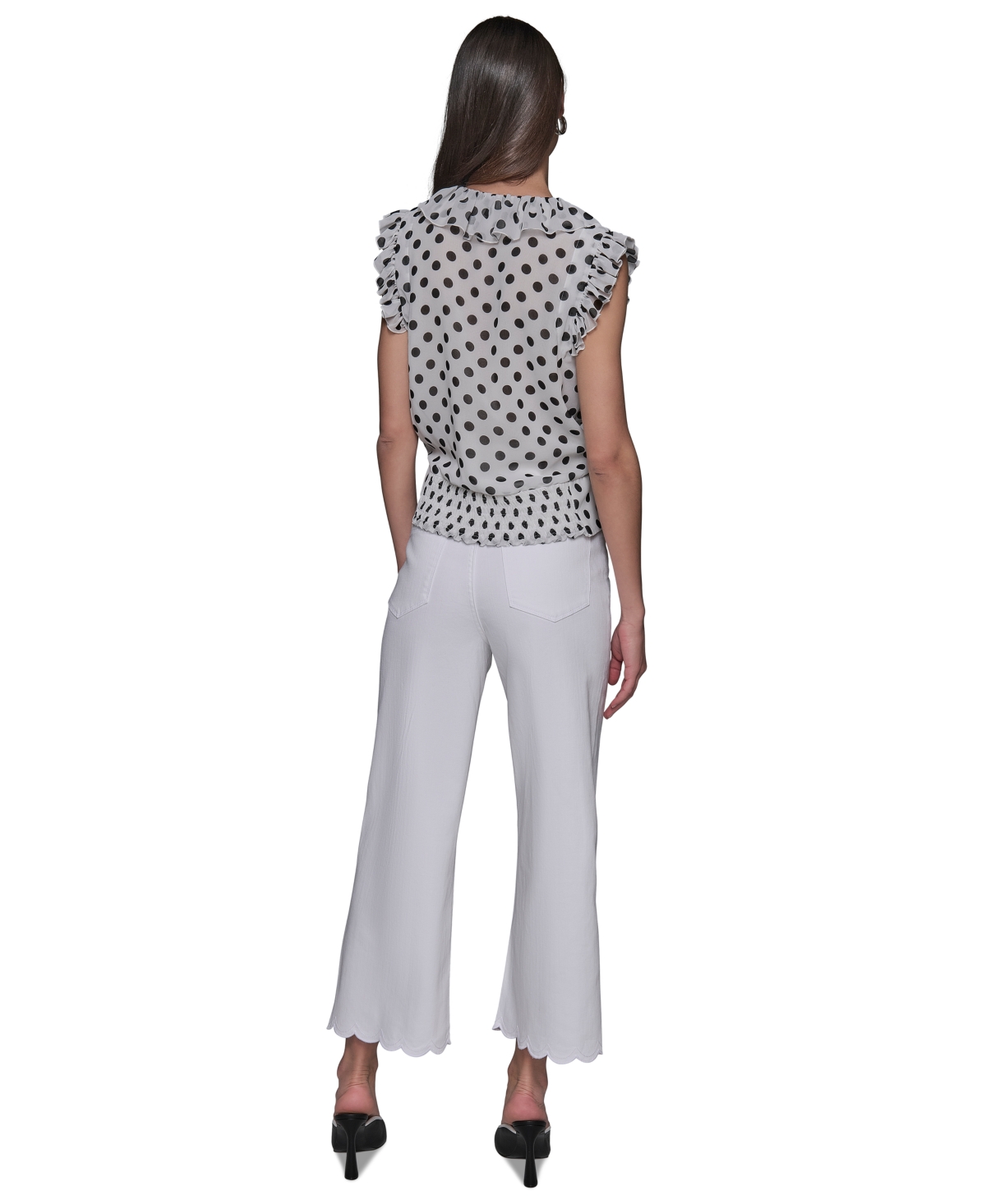 Karl Lagerfeld Women's Dot-print Ruffled Top In Soft White