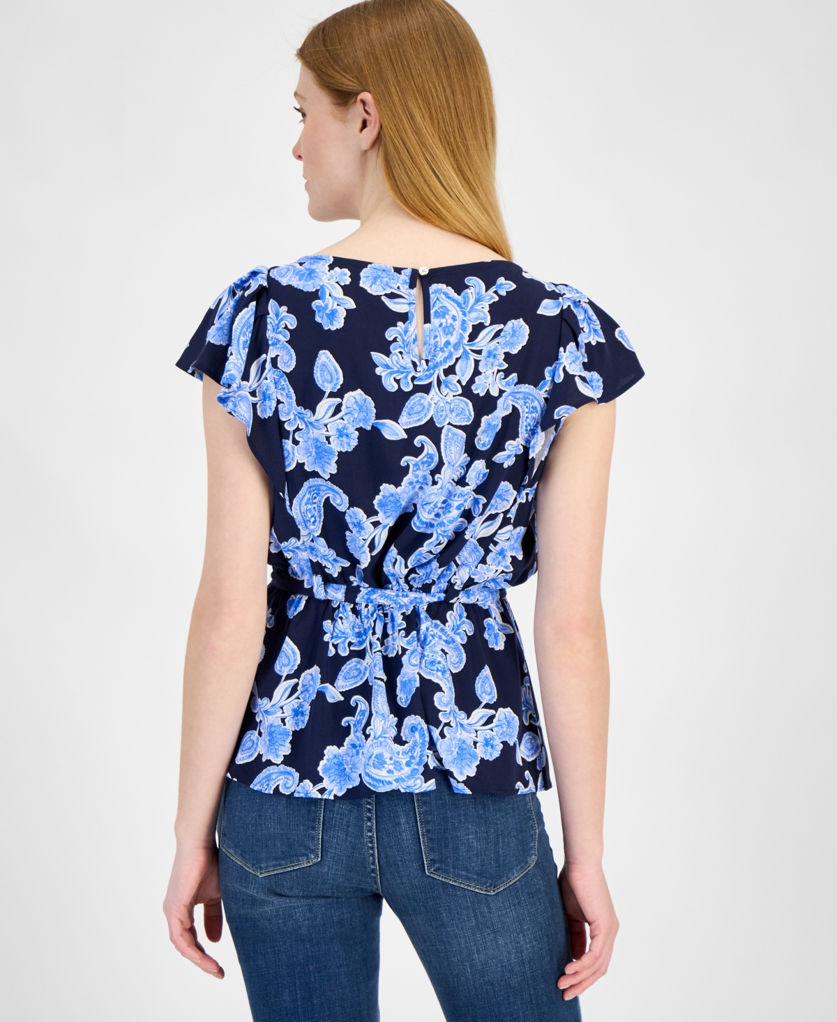 Tommy Hilfiger Women's Printed Ruffled-sleeve Peplum Top In Sky Captain Multi