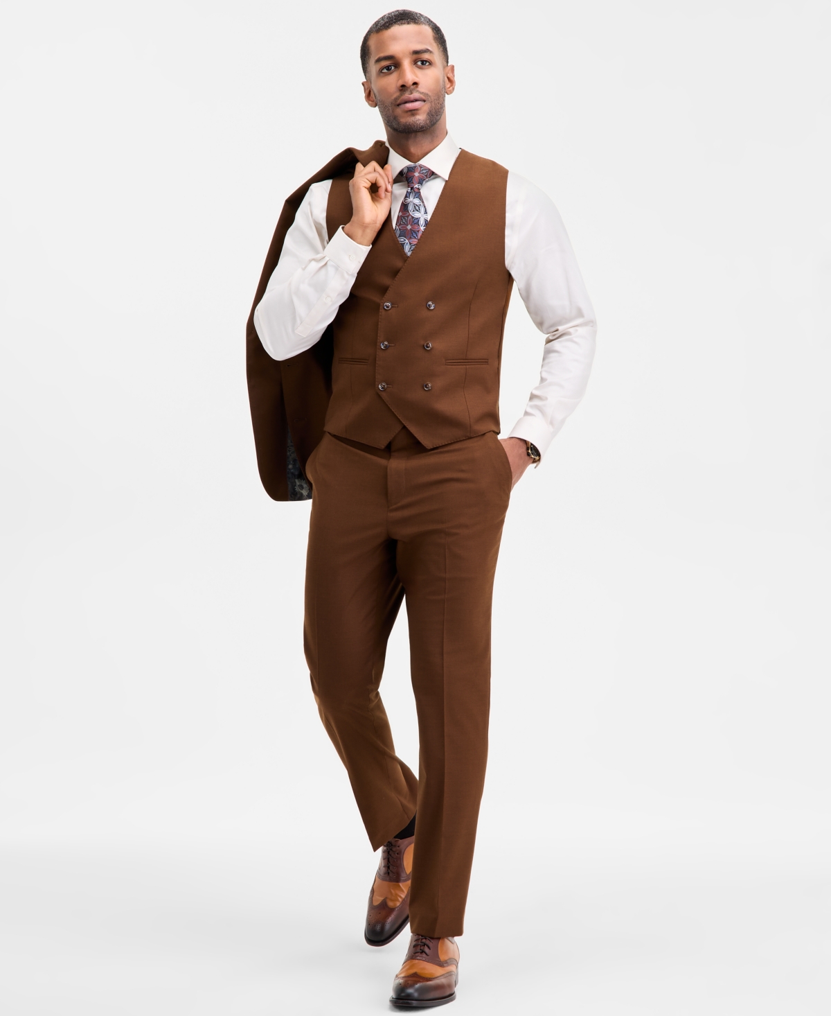 Tayion Collection Men's Classic-fit Solid Double-breasted Suit Separate Vest In Brown