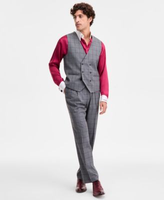 Men's Classic-Fit Windowpane Double-Breasted Suit Separate Vest