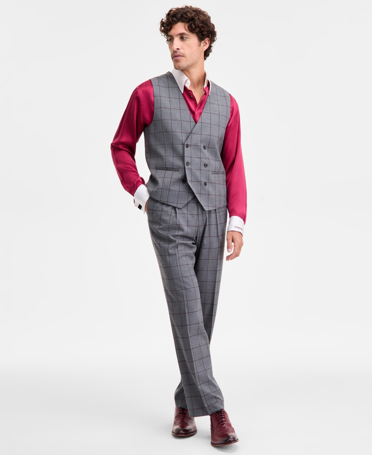 Tayion Collection Men's Classic-Fit Windowpane Double-Breasted Suit Separate Vest