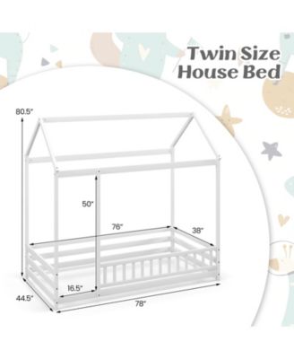 Twin Size Kids House Bed Wooden Floor Bed with Roof and Full-length Safety Guardrail