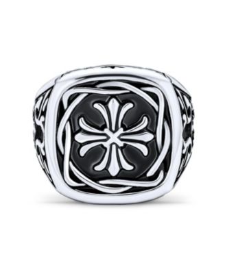 Large Medieval Viking Maltase Fleur De Lis Cross Square Signet Band Ring Oxidized Silver Tone Stainless Steel