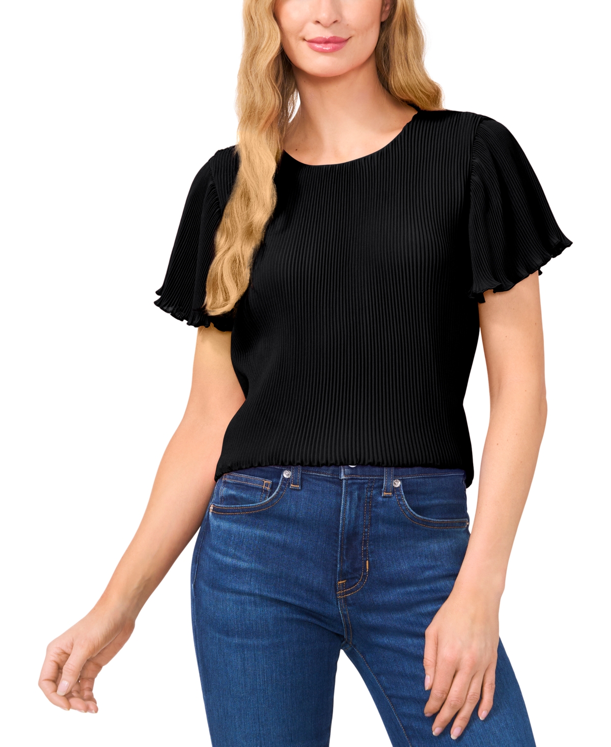 Women's Pleated Round-Neck Short-Sleeve Top - Rich Black