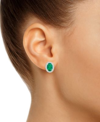 Lab-Created Emerald (1-3/8 ct. t.w.) & Lab-Created White Sapphire (1/5 ct. t.w.) Oval Halo Stud Earrings in 10k Gold