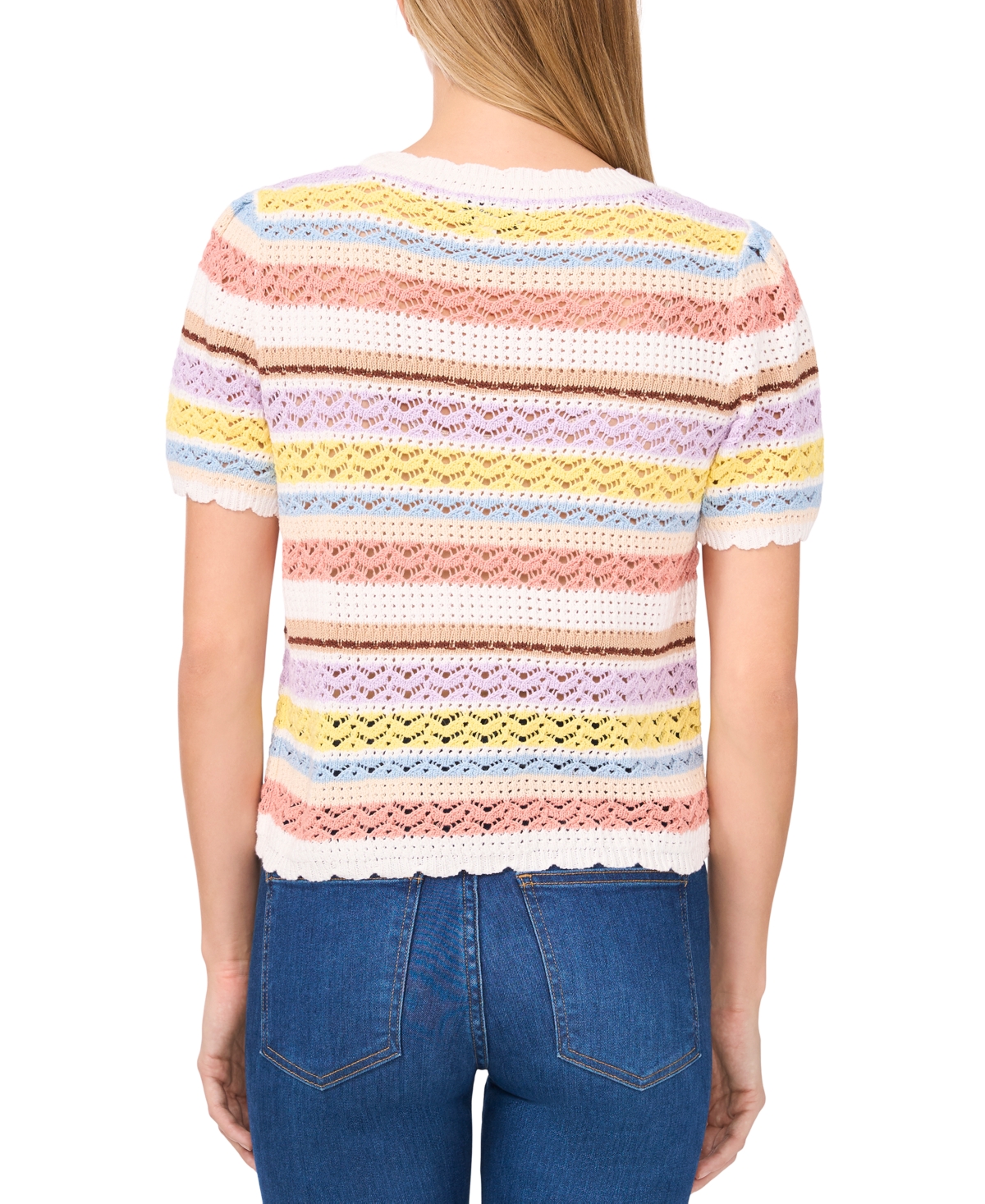 Shop Cece Women's Pointelle Stripe Short-sleeve Cotton Sweater In Antique White