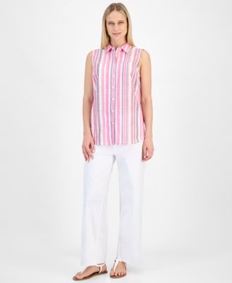 Women's Striped Sleeveless Button Shirt