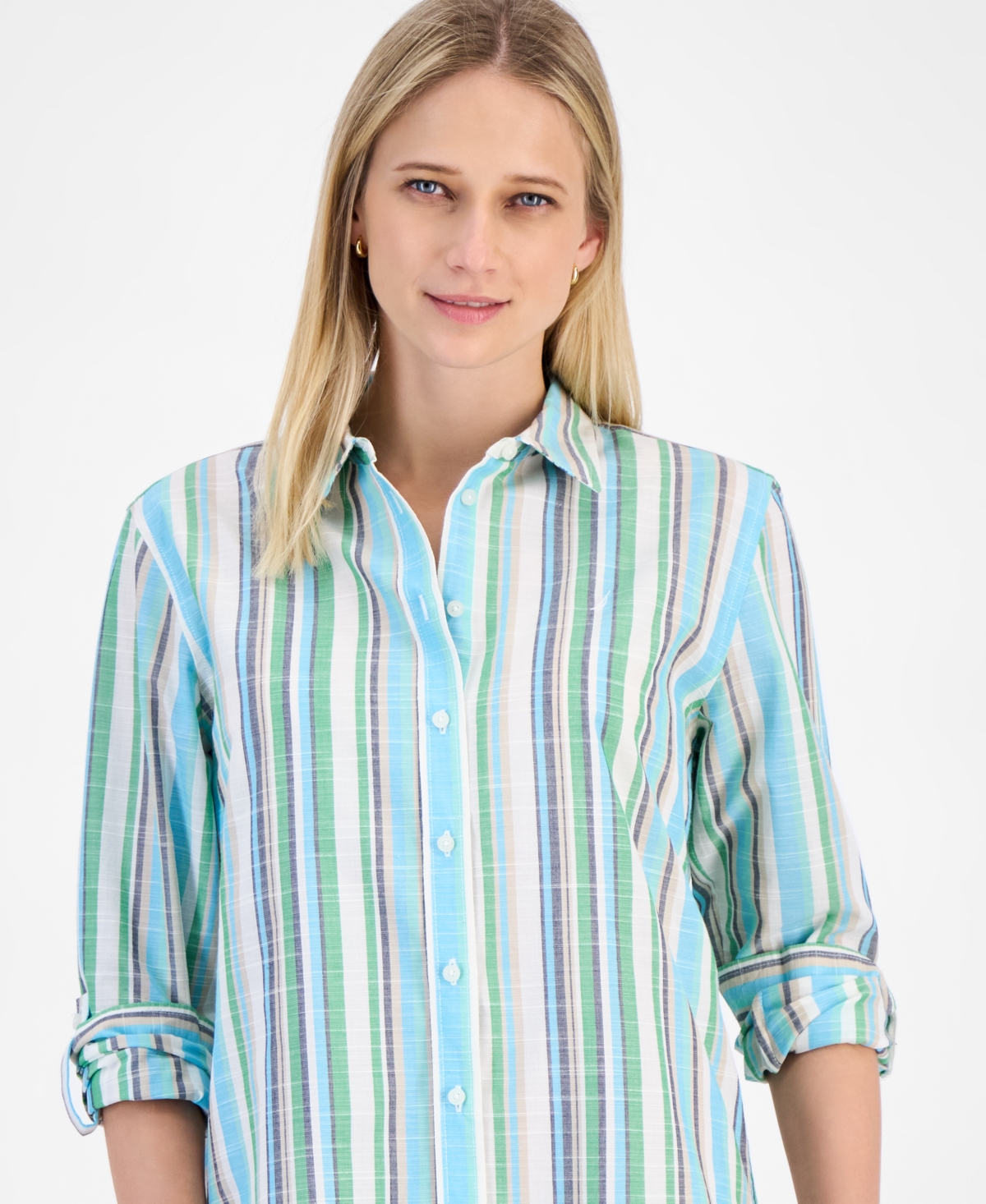 Nautica Jeans Women's Striped Roll-tab Button Shirt