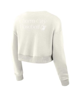 Women's Cream Baltimore Orioles Relax Studio Cropped Pullover Sweatshirt