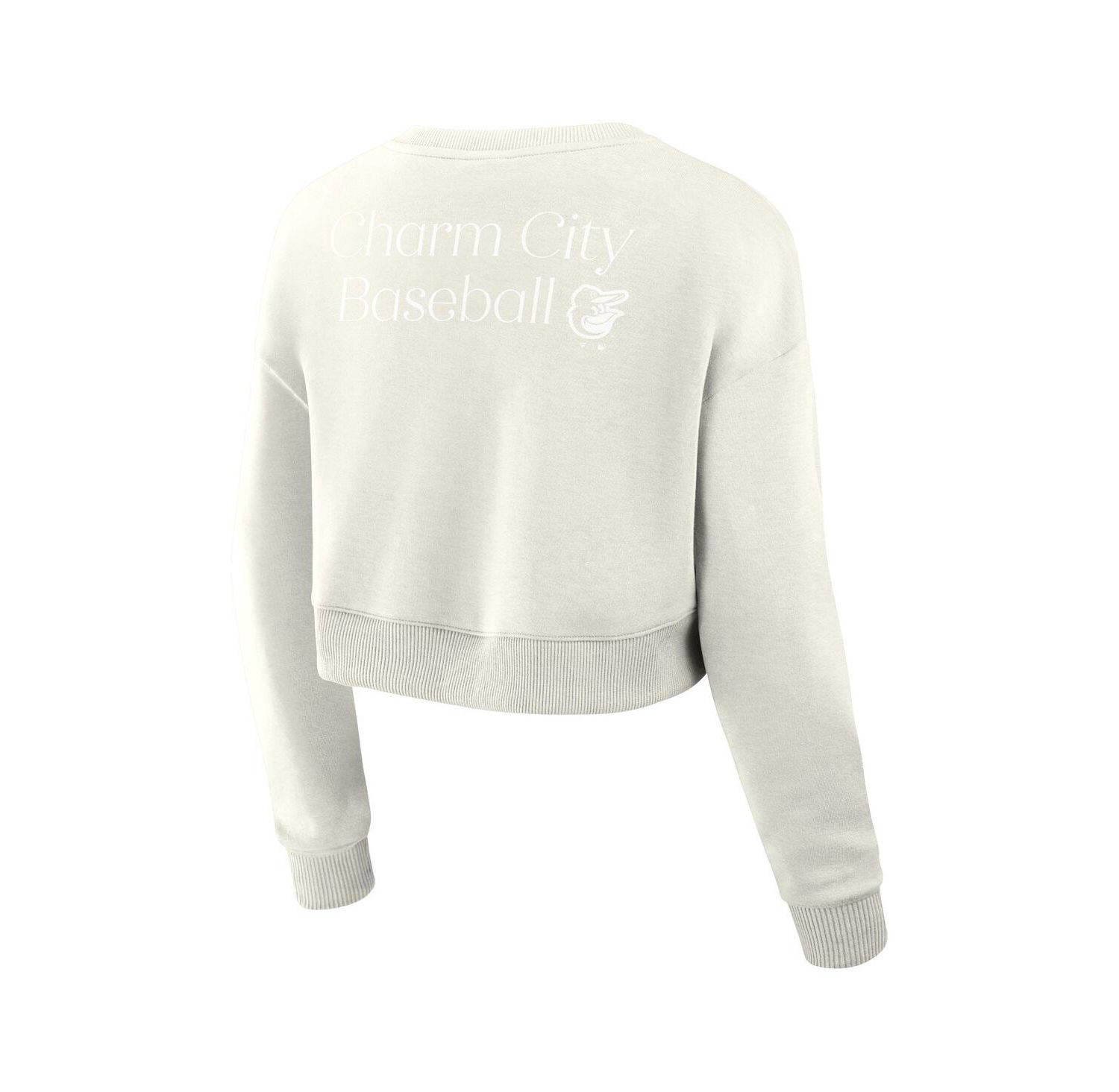 Women's Cream Baltimore Orioles Relax Studio Cropped Pullover Sweatshirt